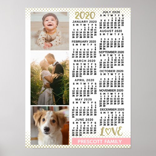 2020 Calendar Blush Pink Gold Family Photo Collage Poster