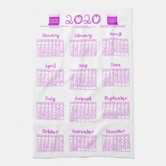 2020 calendar bolts fabric font orchid kitchen towel (Vertical)