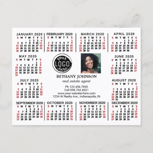 2020 Calendar Business Logo Photo Text Easy Custom Postcard