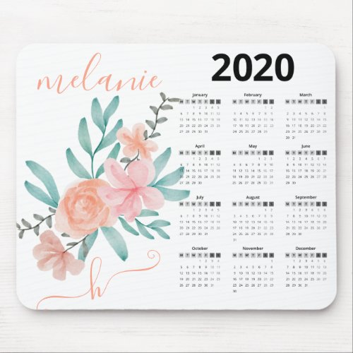 2020 calendar coral floral green monogram name mouse pad