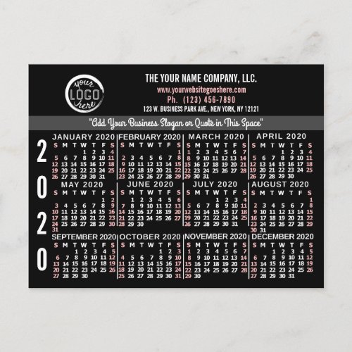 2020 Calendar Custom Business Logo Name Black Easy Postcard