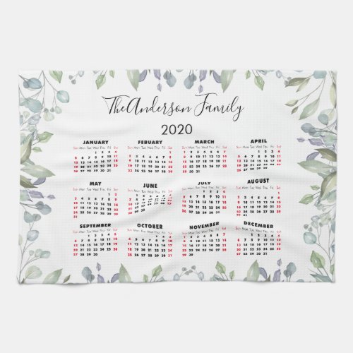2020 Calendar Floral Family Name Kitchen Towel