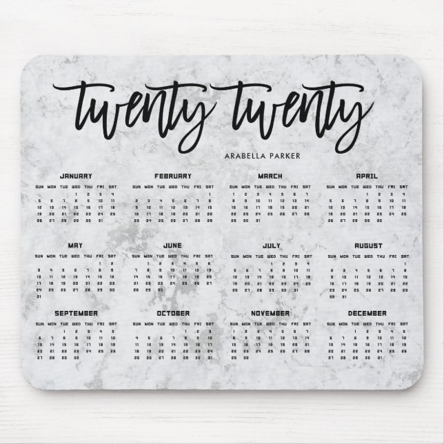 2020 Calendar | Modern Typography and Marble Look Mouse Pad (Front)