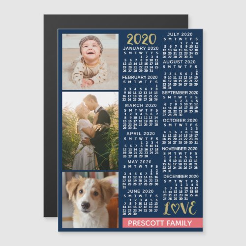 2020 Calendar Navy Coral Gold Custom Photo Collage Magnetic Invitation
