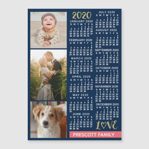 2020 Calendar Navy Coral Gold Photo Collage Magnet