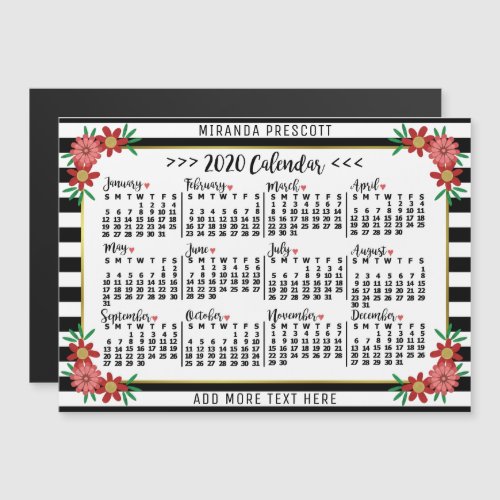 2020 Calendar Preppy Floral Stripes Custom Name Magnetic Invitation