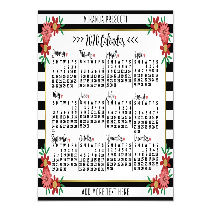 2020 Calendar Preppy Floral Stripes Custom Name Magnetic Invitation ...