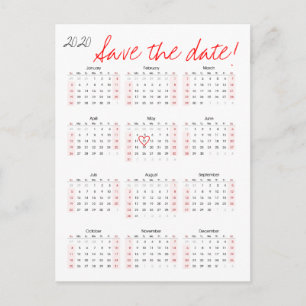 2020 Calendar Save the Date Heart Announcement Postcard