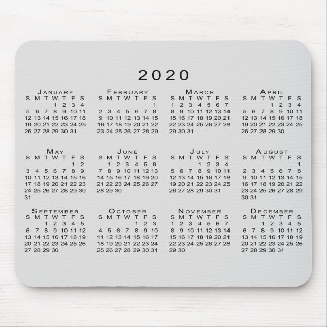 2020 Calendar Simple Gray and Black Mouse Pad (Front)