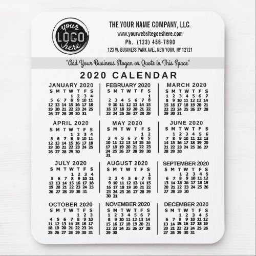 2020 Calendar White Custom Business Logo Name Easy Mouse Pad