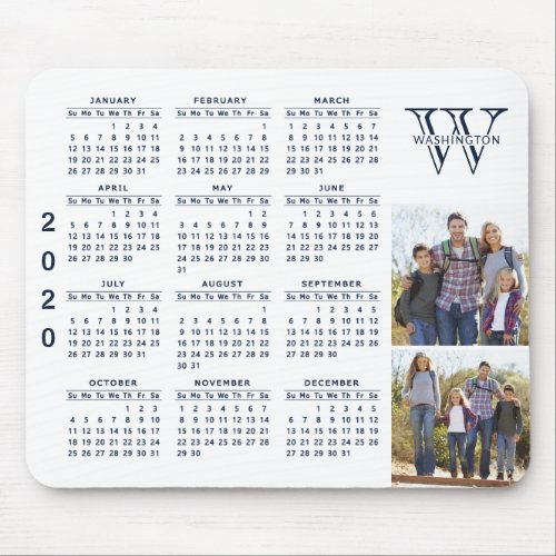 2020 Calendar White  Navy Blue Monogrammed Photo Mouse Pad