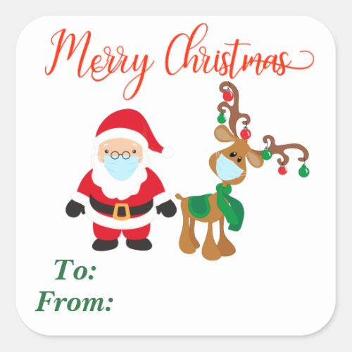 2020 Christmas Covid Santa Reindeer Face mask Gift Square Sticker