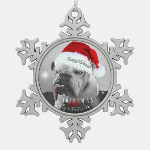 2020 Christmas expectations, Huey in Santa hat. Snowflake Pewter Christmas Ornament