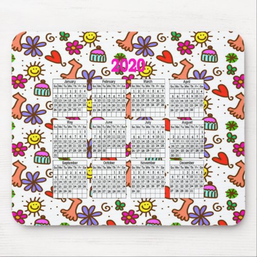2020 Colorful Doodle Calendar Mouse Pad
