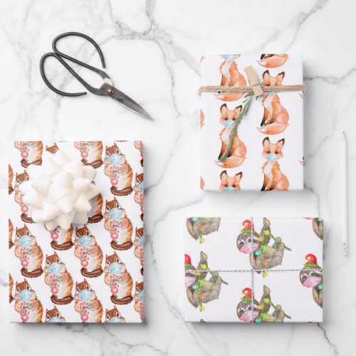 2020 Covid  Christmas Face mask Animals Cute Wrapping Paper Sheets