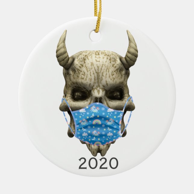 2020 Covid Demon Skull with Face mask Goth Ceramic Ornament (Front)