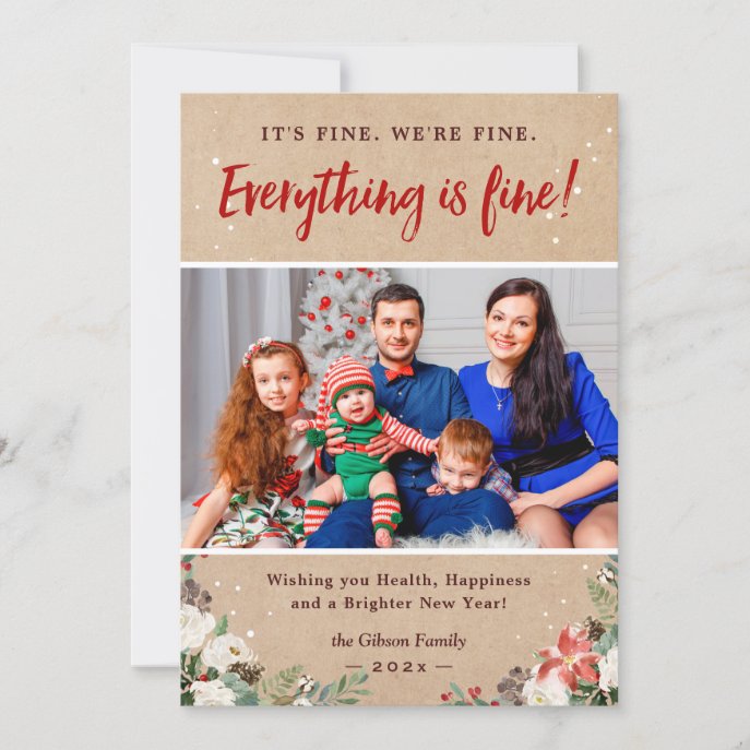 2020 Everything is Fine Rustic Kraft Floral Photo Holiday Card