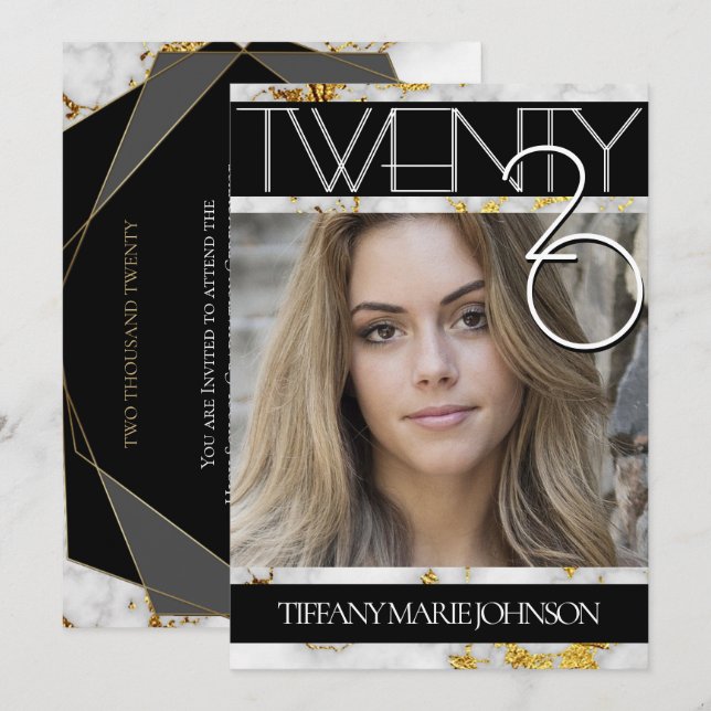 2020 Gold Marble MODERN PHOTO Frame Graduation Invitation (Front/Back)