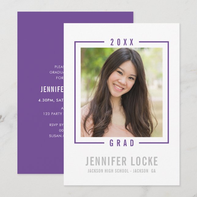 2020 GRAD INVITE photo frame chic modern purple (Front/Back)