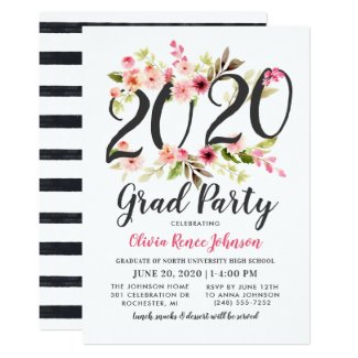 2020 Grad Party | Pink Modern Floral Graduation Invitation