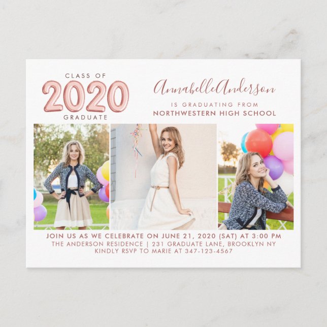 2020 Graduate Rose Gold 3 Photo Graduation Party Invitation Postcard (Front)