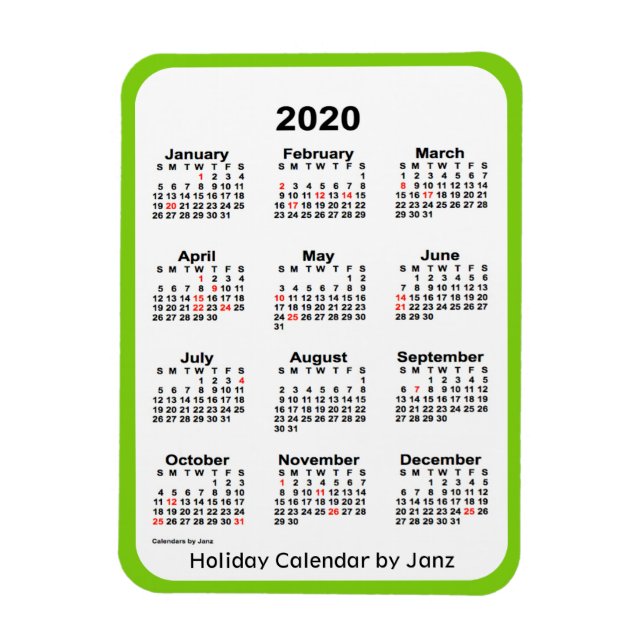2020 Holiday Calendar by Janz Yellow Green Magnet (Vertical)