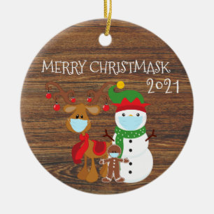 2020 Merry Christmask Reindeer Quarantine wood Ceramic Ornament