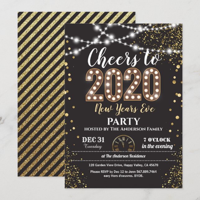 2020 new years eve party black and gold cheers invitation (Front/Back)