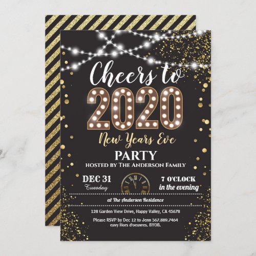 2020 new years eve party black and gold cheers invitation