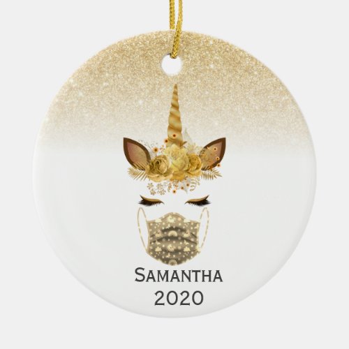 2020 Personalized Unicorn Face Mask Gold Ceramic Ornament