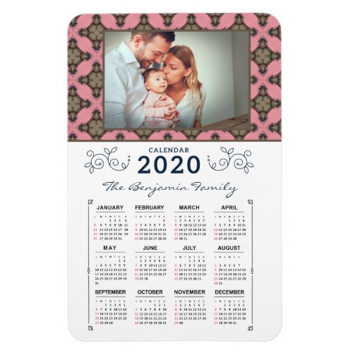 2020 Photo Personalize Pink Pattern Calendar Magnet