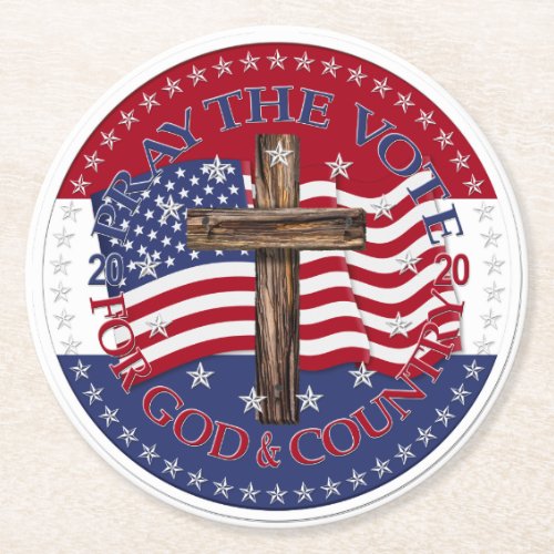2020 Pray The Vote For God And Country Cross Flag Round Paper Coaster