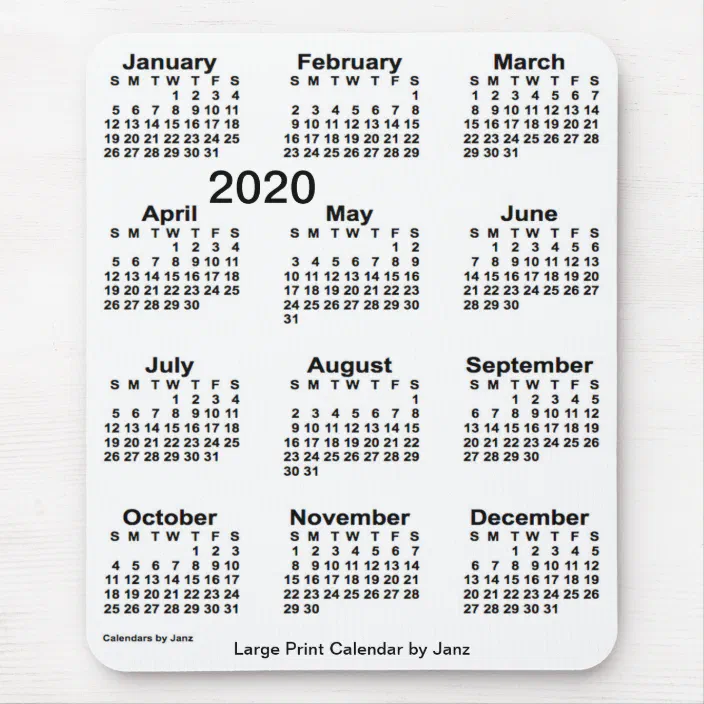 2020 white large print calendar by janz mouse pad zazzle com