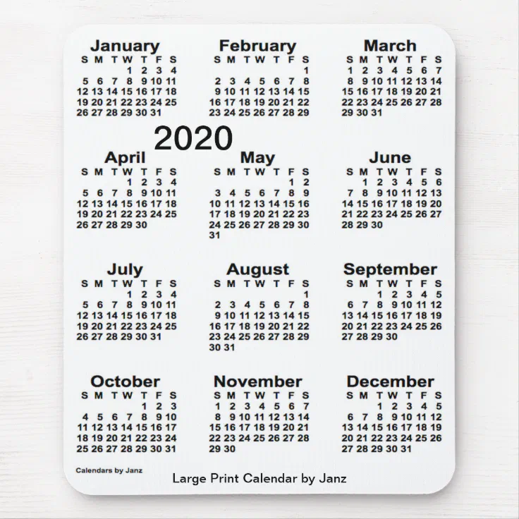 2020 White Large Print Calendar by Janz Mouse Pad | Zazzle