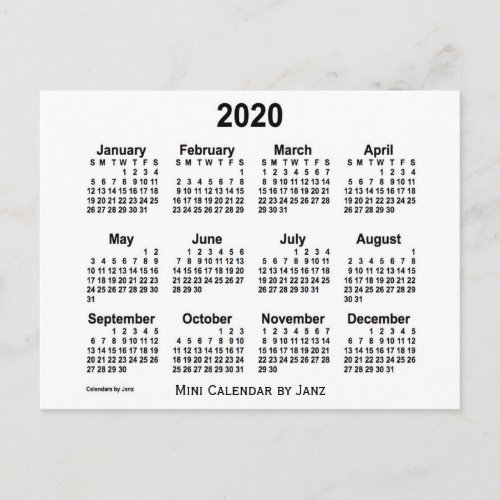 2020 White Mini Calendar by Janz Postcard