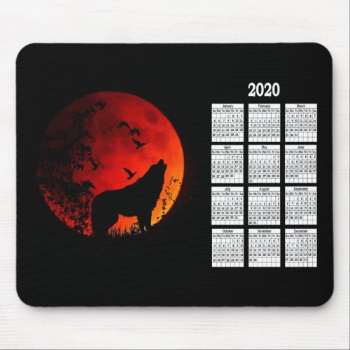 2020 Wolf Silhouette and Blood Moon Calendar Mouse Pad