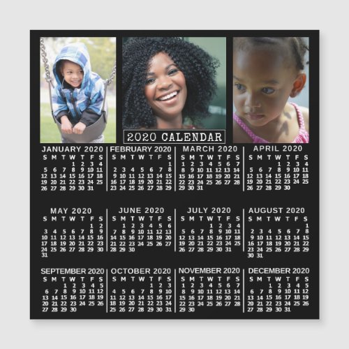 2020 Year Calendar Black  3 Photo Collage Magnet