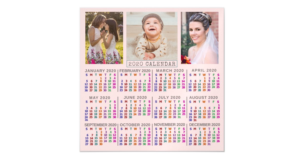 2020 Year Calendar Cute Pink Family Collage Magnetic