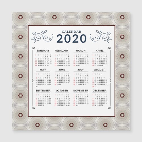 2020 Year Calendar Red White Pattern Magnet