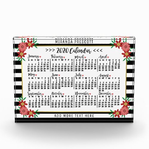 2020 Year Calendar Trendy Floral Stripes  Custom Acrylic Award