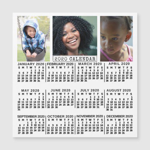 2020 Year Calendar White  3 Photo Collage Magnet