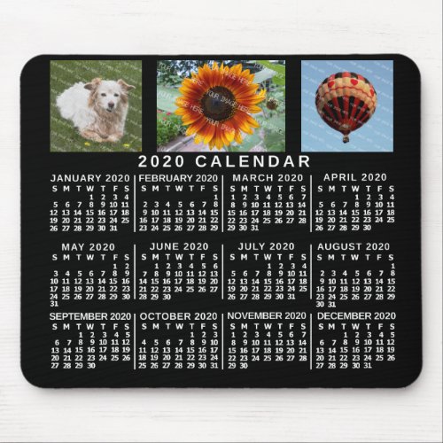 2020 Year Monthly Calendar Black Custom 3 Photos Mouse Pad