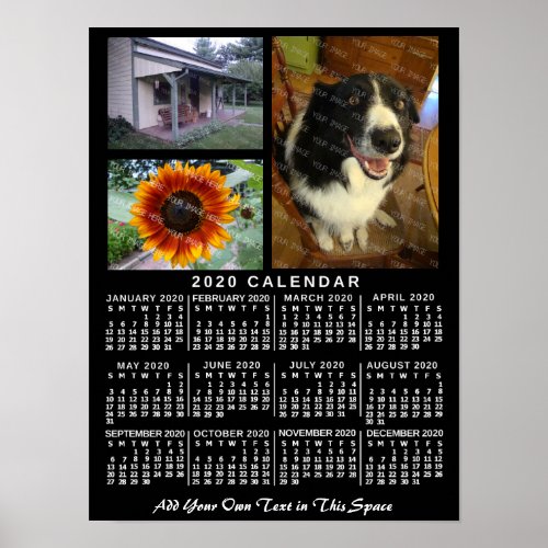2020 Year Monthly Calendar Black Custom 3 Photos Poster