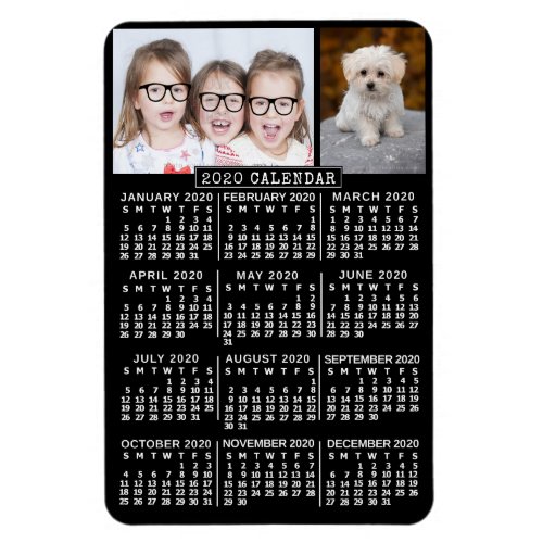 2020 Year Monthly Calendar Black  Photo Template Magnet