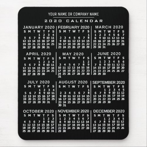 2020 Year Monthly Calendar Black White Custom Name Mouse Pad