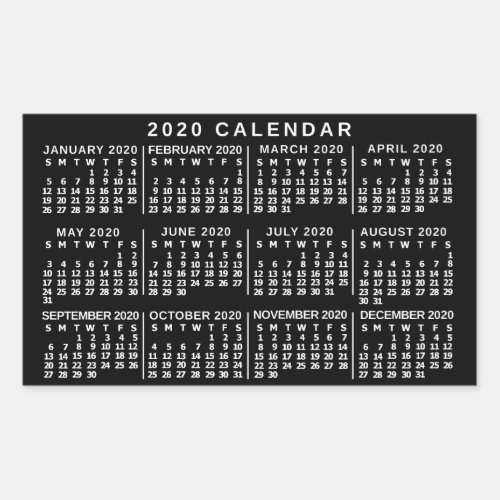 2020 Year Monthly Calendar Classic Black and White Rectangular Sticker