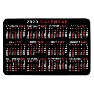 2020 Year Monthly Calendar Classic Black Red White Magnet