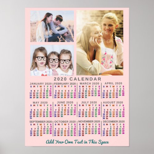 2020 Year Monthly Calendar Colorful Custom 3 Photo Poster