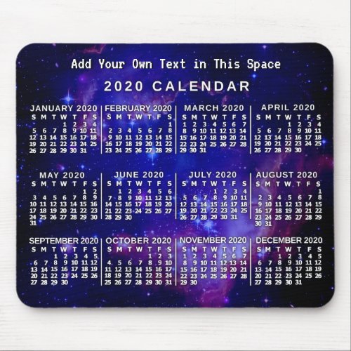 2020 Year Monthly Calendar Custom Space Nebula Mouse Pad