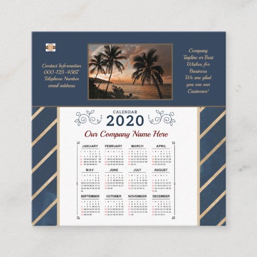 2020 Year Monthly Calendar Gold Blue Office Square Business Card